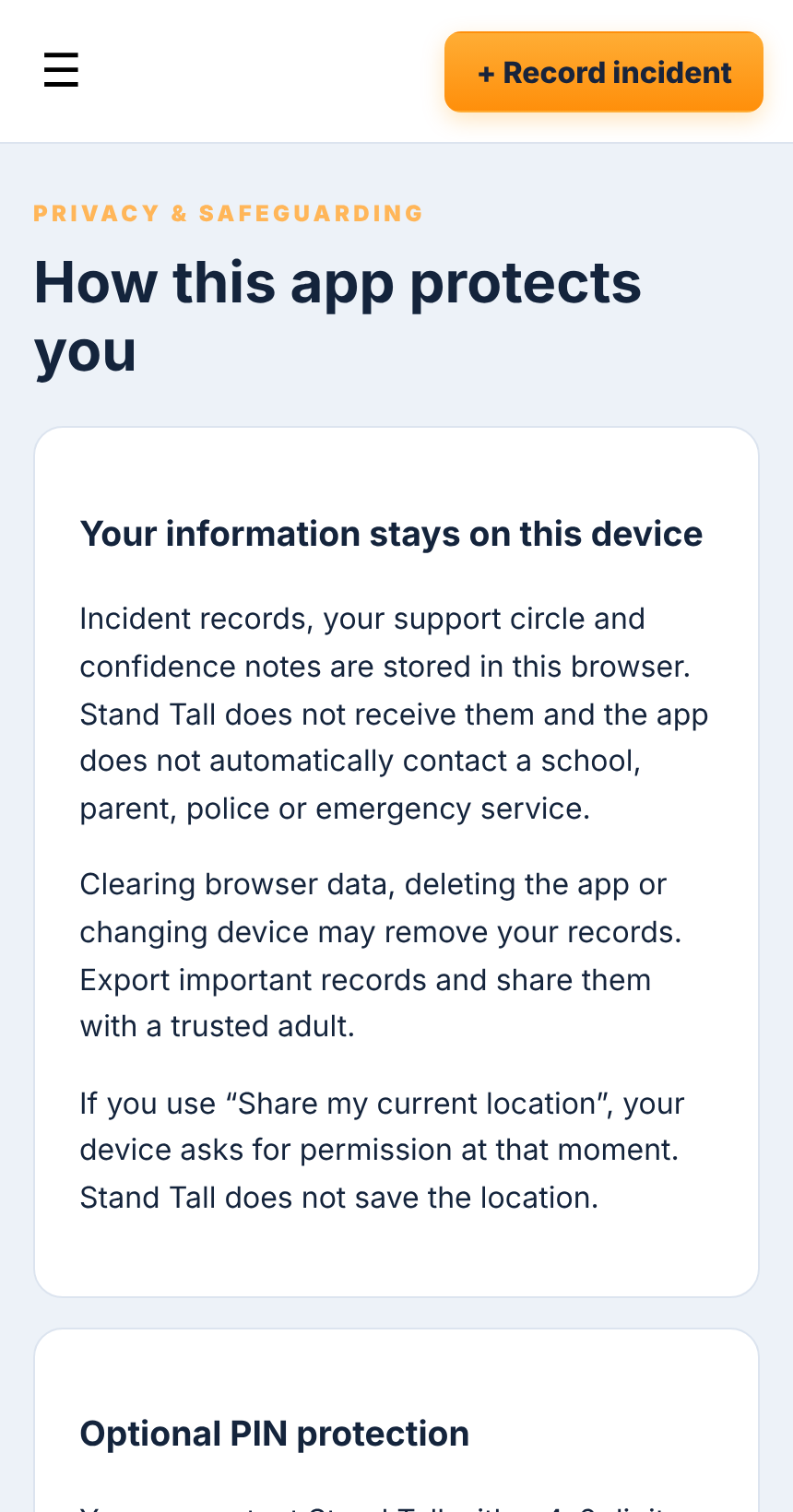Current Stand Tall app privacy and PIN screen
